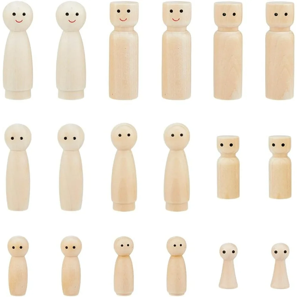 18Pcs 9 Style Wooden Peg Dolls Angel Doll Body Peg Unfinished Blank Wooden Peg Dolls Smlie Face Tiny Doll Bodies People