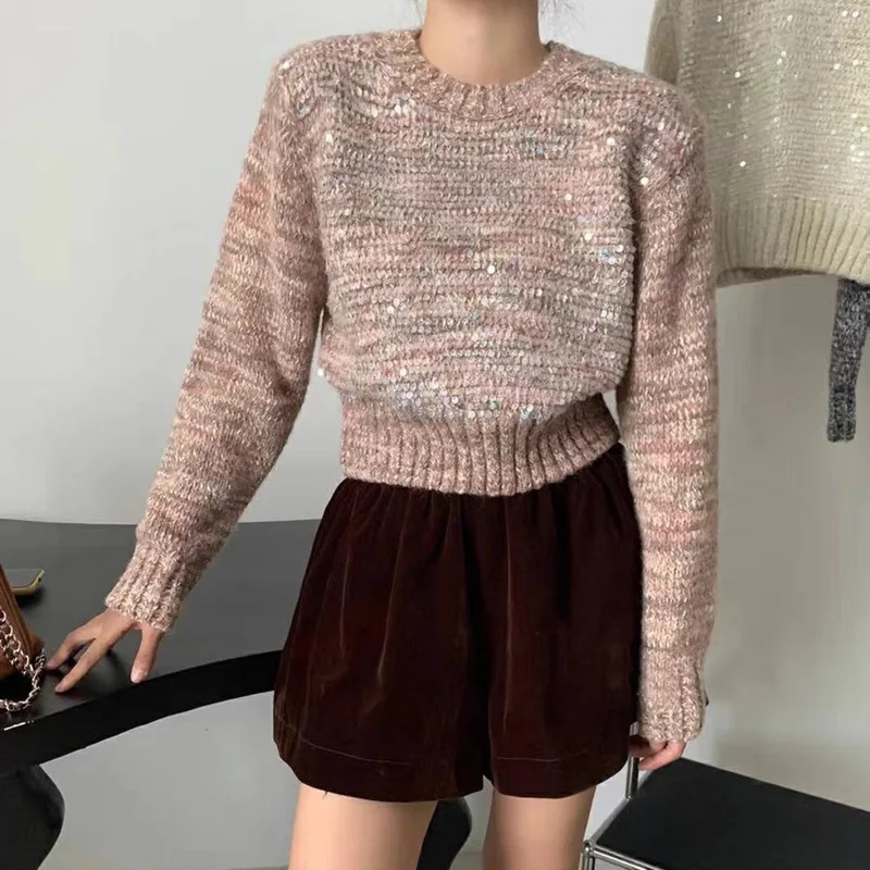 New Korean Round Neck Short Pullover Sequin Knit Sweater with a Lazy and Stylish Design Colorful Yarn Fashion Sweater