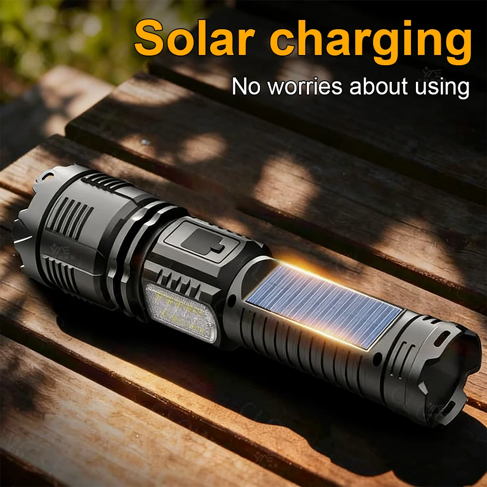 Solar Rechargeable LED Flashlight White Laser Tactical Flashlights High Power Digital Display Power Bank Torch Camping Lantern