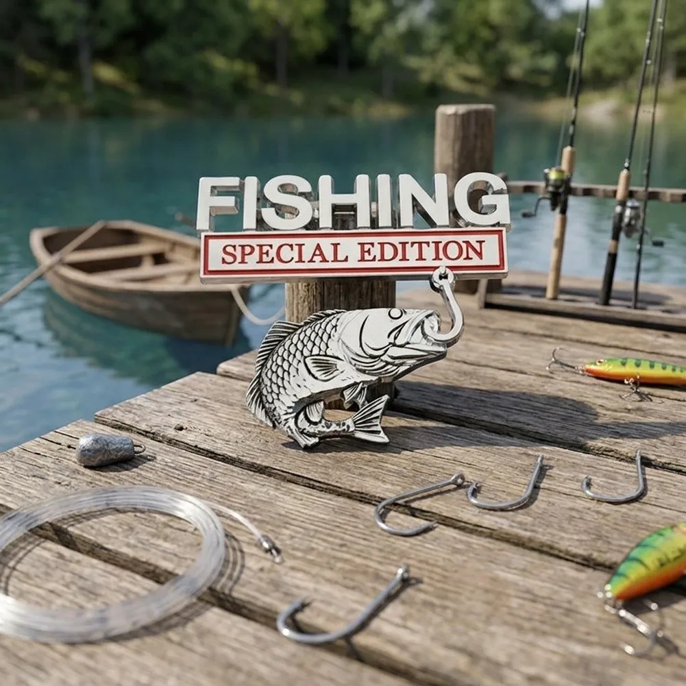 Zinc Alloy Chrome Fish Hook Emblem Badge for Vehicle Customization Fishing Theme 82x72mm Weather Resistant Truck SUV Decal