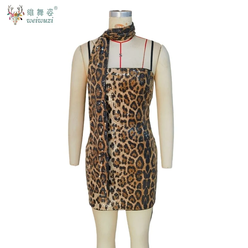 جديد رقيقة حزام الكتف سليم صالح الورك حقيبة كوكتيل حفلة سهرة فستان مثير ليوبارد طباعة الترتر حار فتاة ملهى ليلي فستان قصير