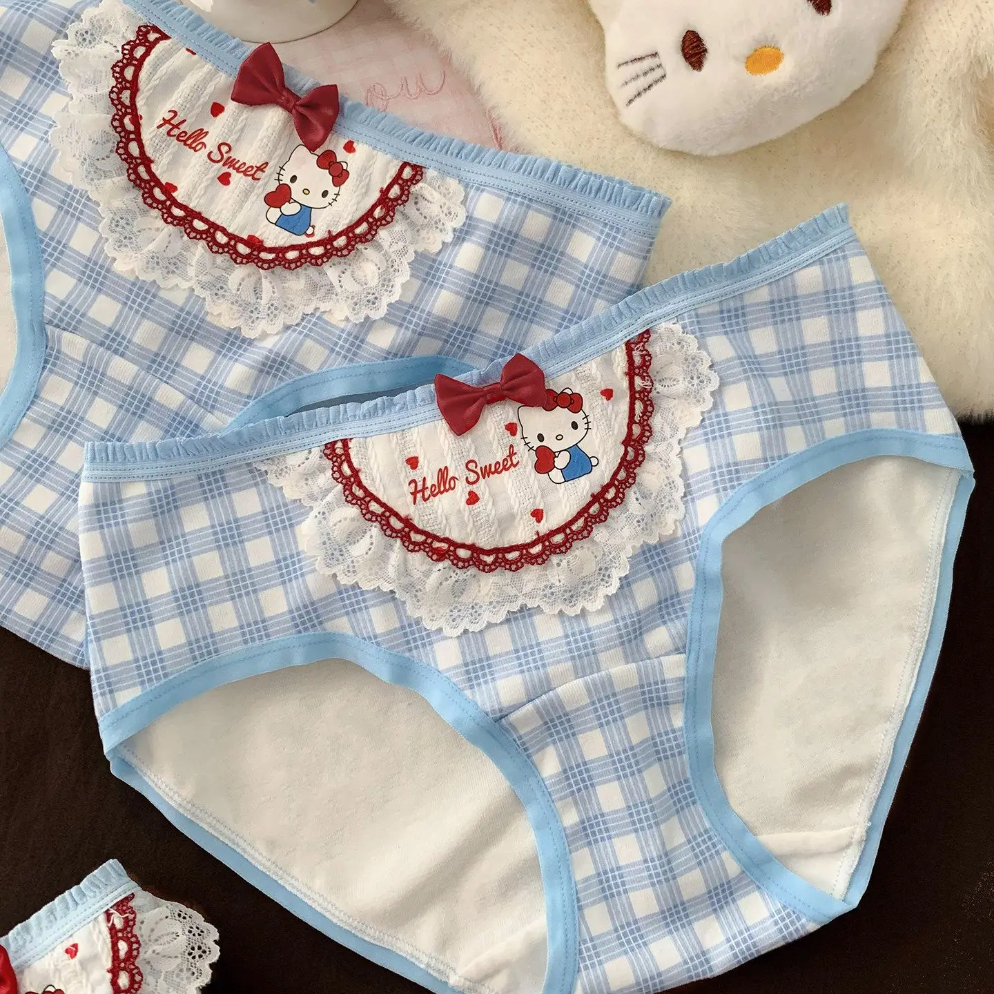 

Kawaii Hello Kitty Blue Plaid Panties Mid Waist Lace Bow Cotton Soft Comfortable Briefs