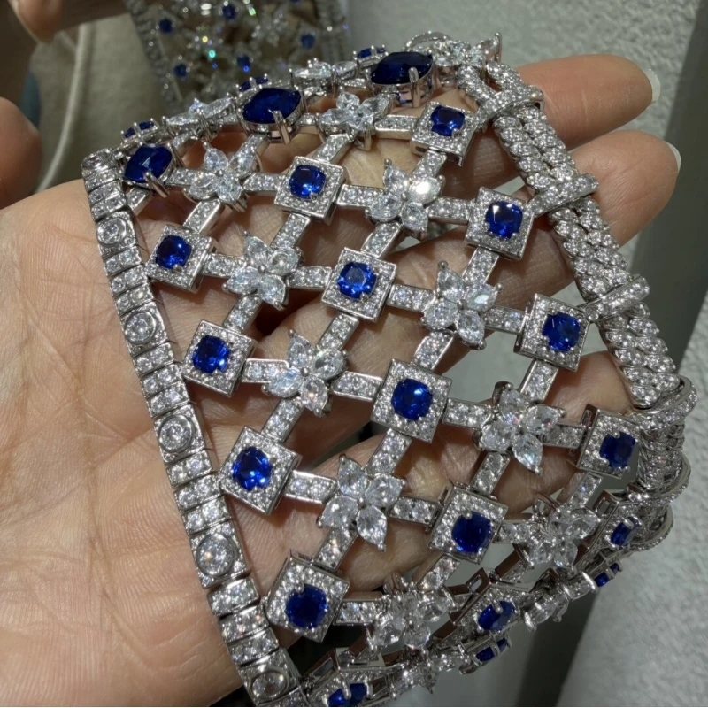 Bellux Fine Jewelry Luxury 925 Silver Full Diamond Blue and White Gemstone Synthetic Zircon Bracelet Hollow out Elegant Bracelet