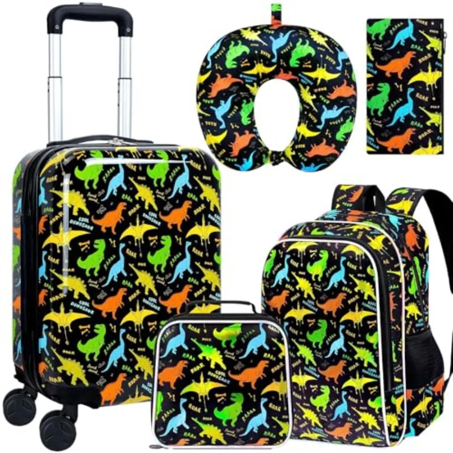 

5Pcs Suitcase Set for Boys, 16.5" Hardside Luggage with Spinner Wheels, Dinosaur Travel Carry on Luggage Airline Approved Black