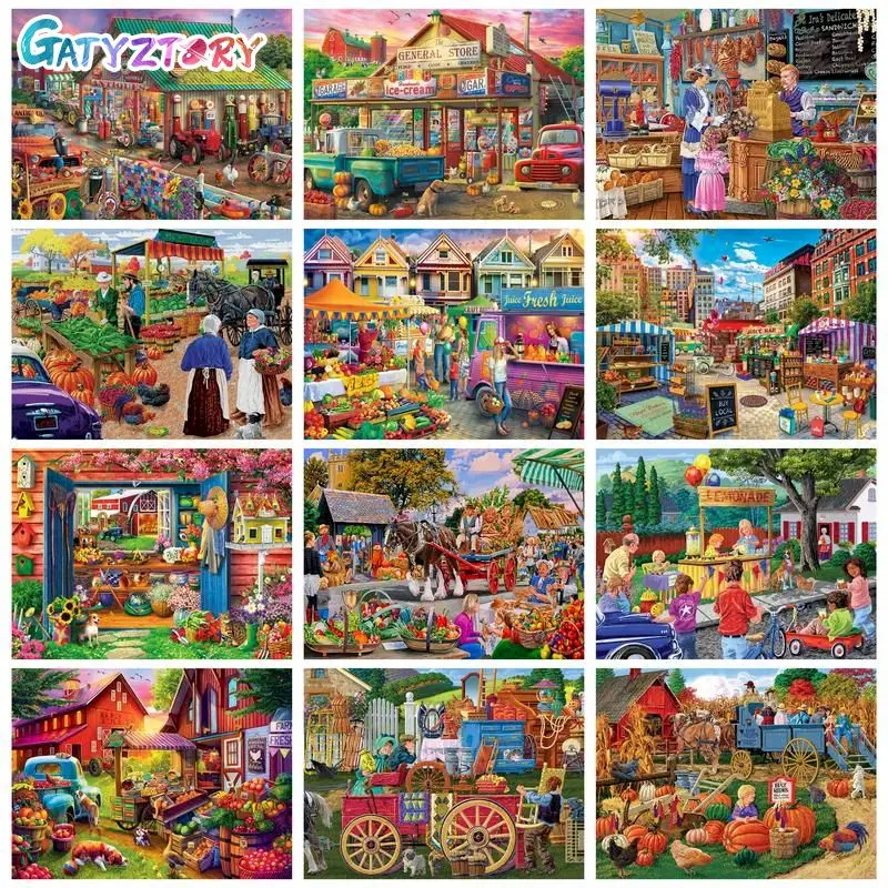 

GATYZTORY 5D Diamond Painting With Frame Full Square Drill Crystal DIY Busy Town Landscape Cross Stitch Mosaic Paint Kit Home De