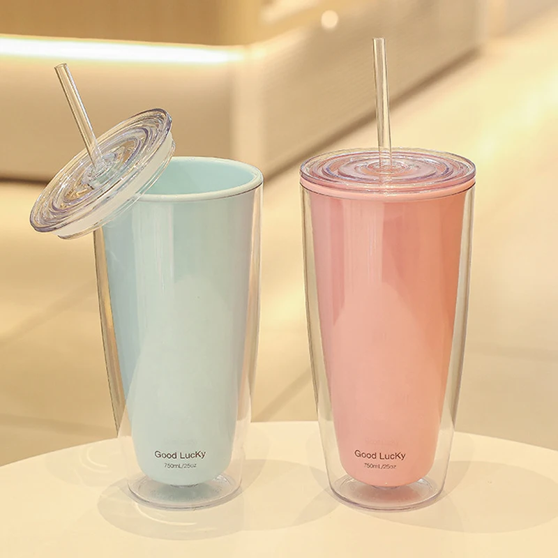 750ml Double-Layer Plastic Straw Cups With Lids BPA Free Water Bottle For Drinking Tea Coffee Mug Juice Milk Water Cup Drinkware