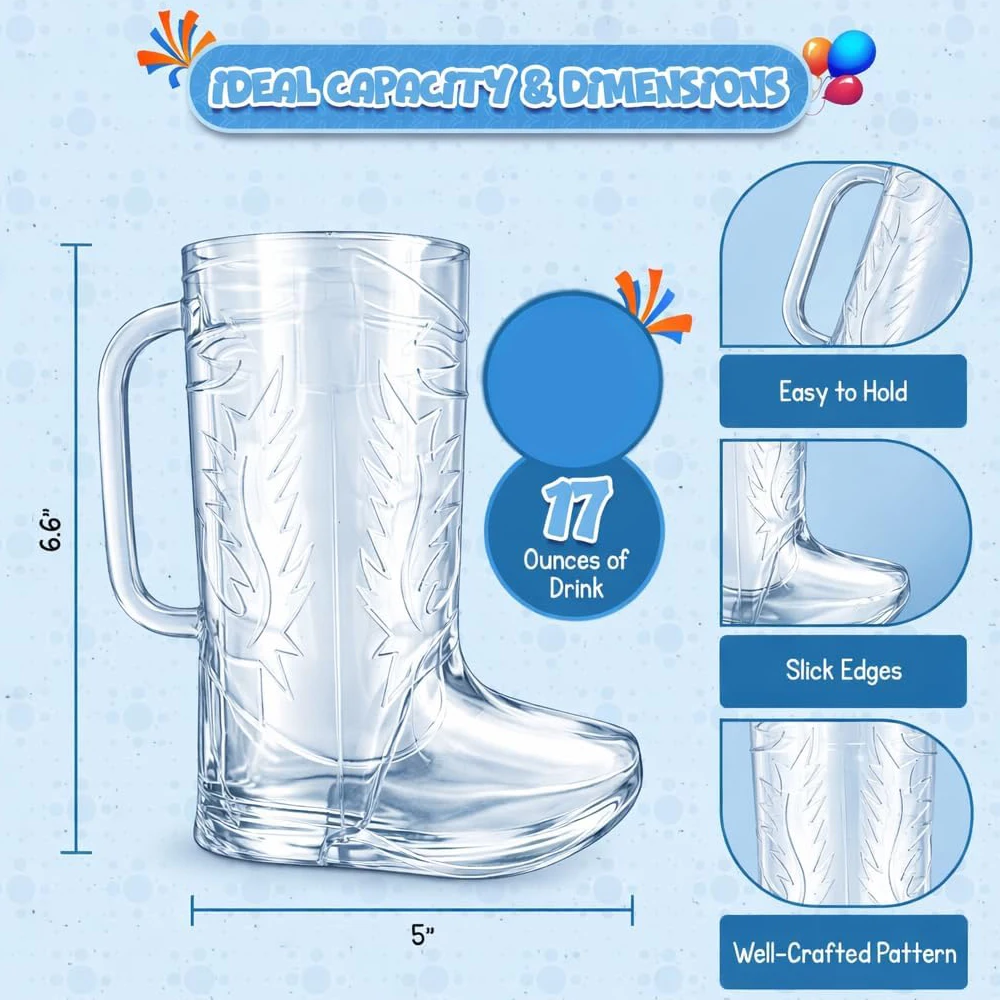 Cowboy Boot Mug Cups 17 oz Reusable Hard Plastic Cowgirl Drink Mugs for Western Birthday Party Supplies Table Centerpiece Decor