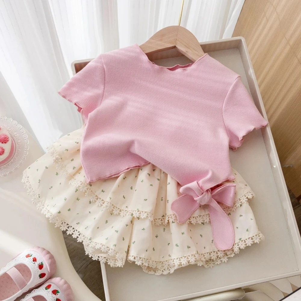 2-6 Years Old Korean Version Cute Toddler Girl Clothes Summer Pink Bow Short Sleeved T-shirt+Lace Floral Shorts Two-piece Set