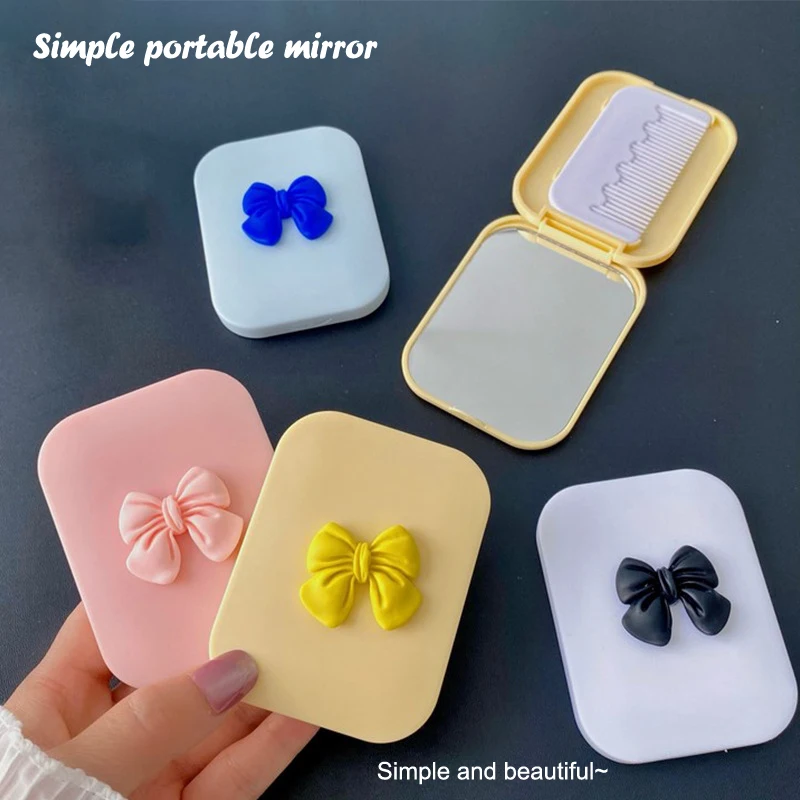 Portable Bow Folding Travel Makeup Mirror With Comb Hair Brush Multicolour Make Up Styling Tool Cute For Women Girls