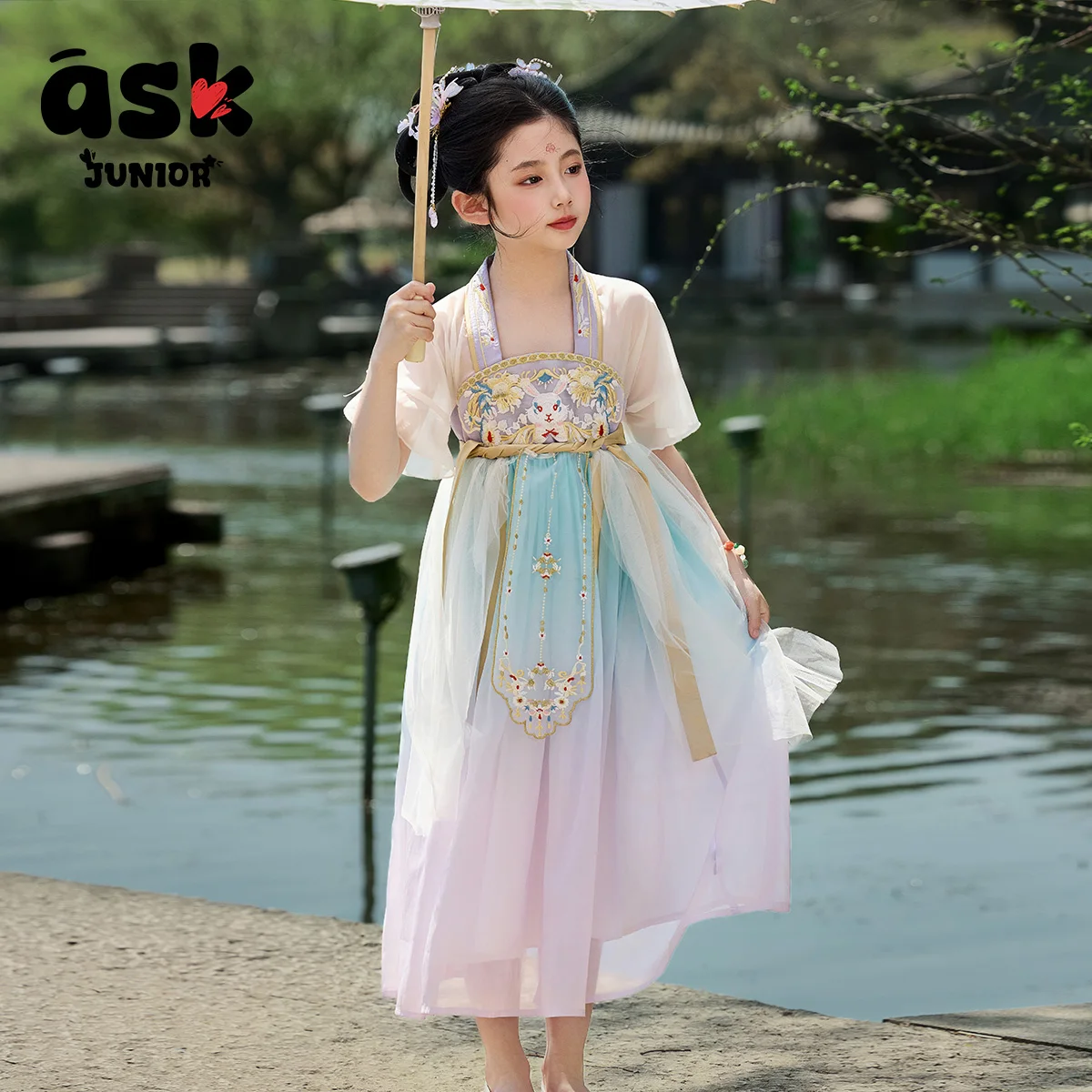 اسأل جونيور النمط الوطني الجديد الصيني هانفو الفتيات الصيف تانغ نمط الطراز القديم سوبر الخالد الأميرة فستان بطول الصدر