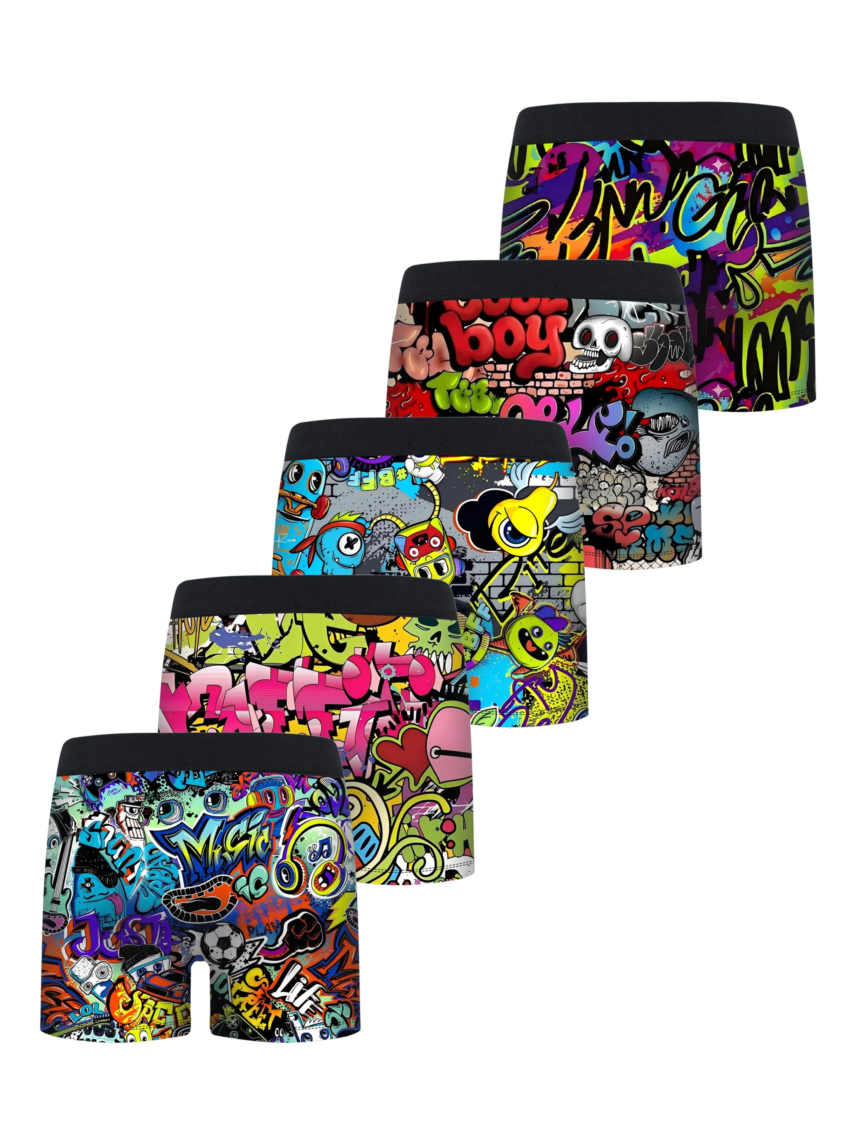 5-Pack Boys' Boxer Briefs with Half-Open Grommets Graffiti Colorful Monster Print Polyester Washable No Fading Fun Style