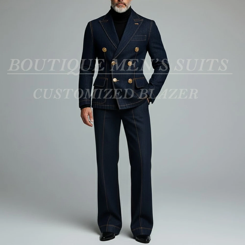 

Formal Men's Suits Denim Double Breasted Blazer High Quality Customzied 2 Piece Jacket Pants Sets Male Clothing Costume Homme
