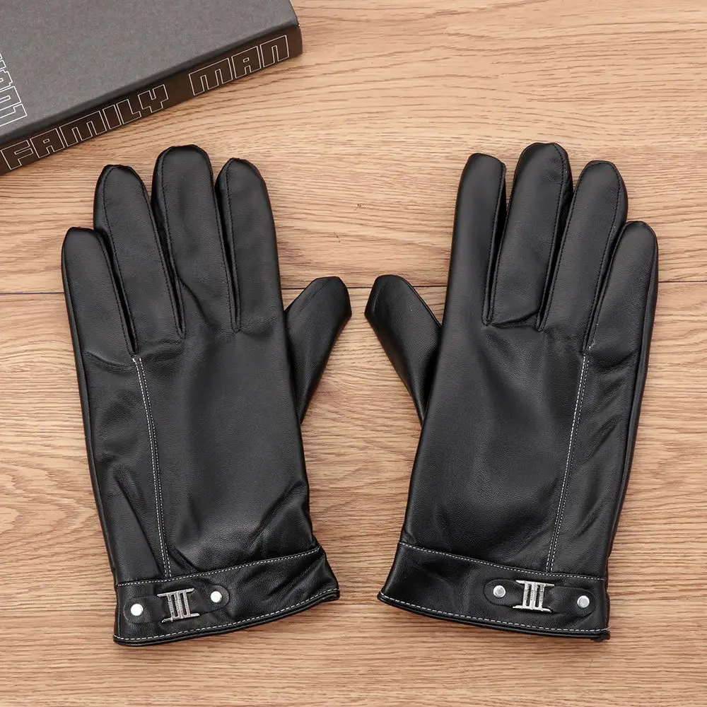 Men Winter Leather Fleece Thermal Leather Gloves  Warm Touch Screen Windproof Waterproof Driving Gloves Full Finger Black Gloves