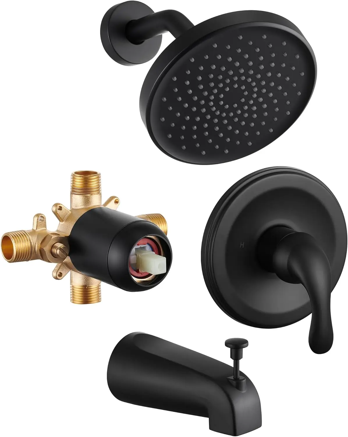 

6 Inch Black Shower Faucet Set with Valve, High Pressure Rain Shower Head & Tub Spout, Single-Spray Matte Black