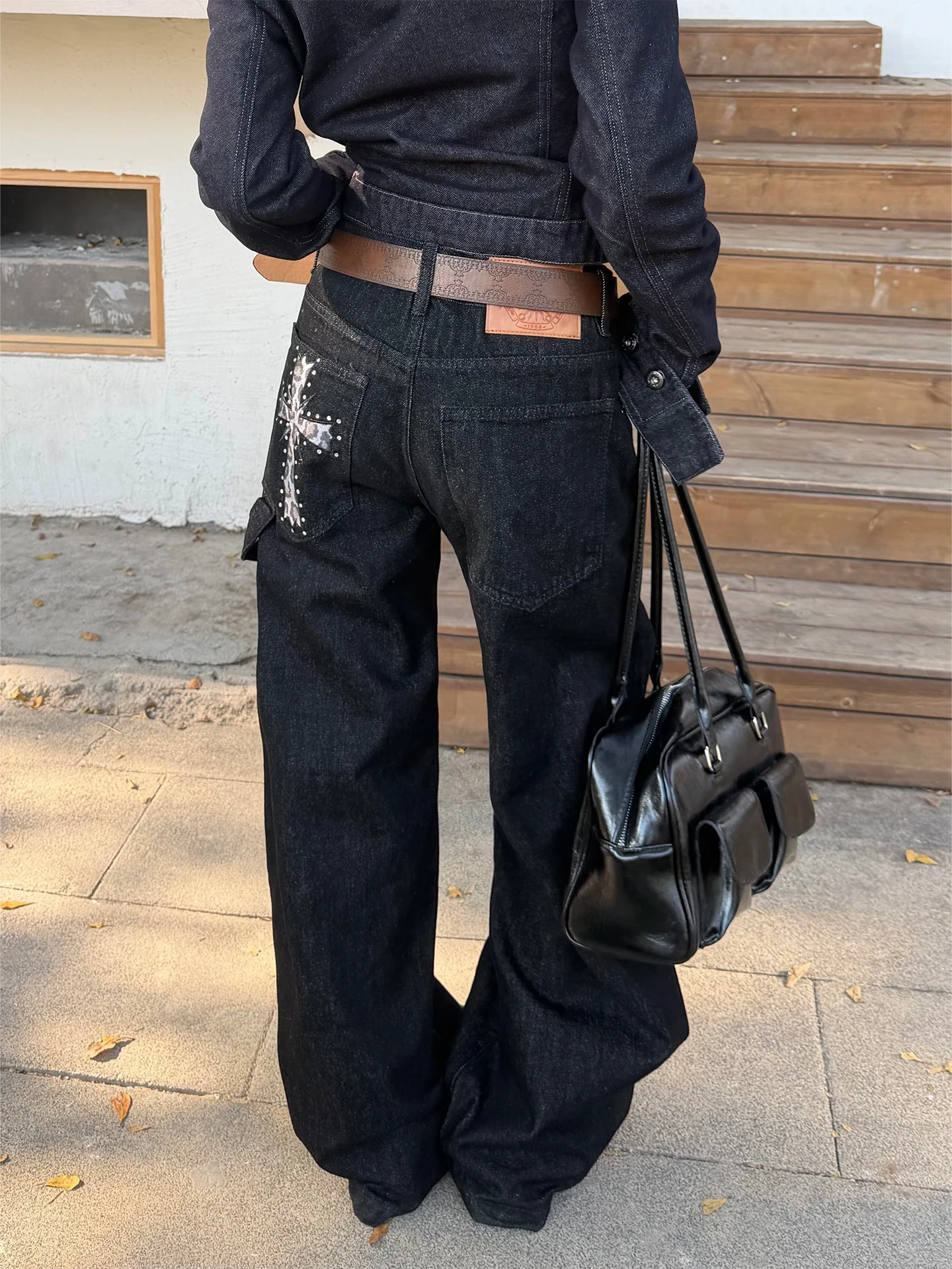 

Don Cry Original Color Leopard Print Spliced Cross Diamond Jeans Men Women American Design Wide Leg Straight Cut Casual Jeans