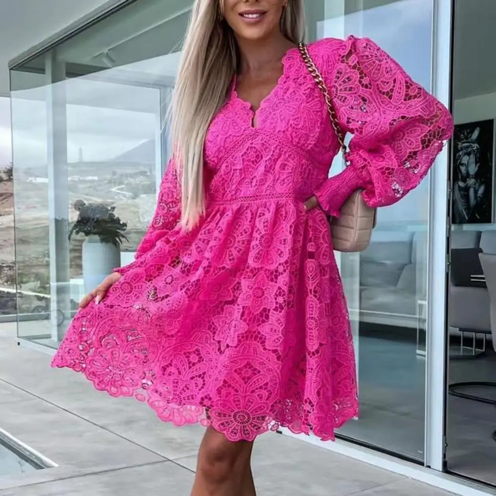 Women Fall Dress Lace Hollow Out A-line Loose Hem V Neck Long Sleeve Solid Color Soft Layers High Waist Elastic Cuff Lady Dress