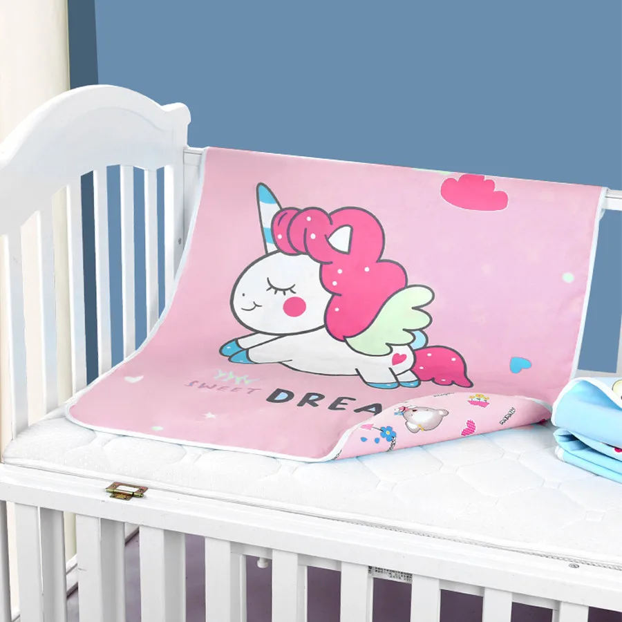 Foldable double-layer breathable waterproof baby changing mat with cute cartoon unicorn and giraffe patterns.