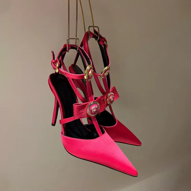 2024 new bow tie slim heel high heels with pointed toe and sexy pink stripe women's shoes