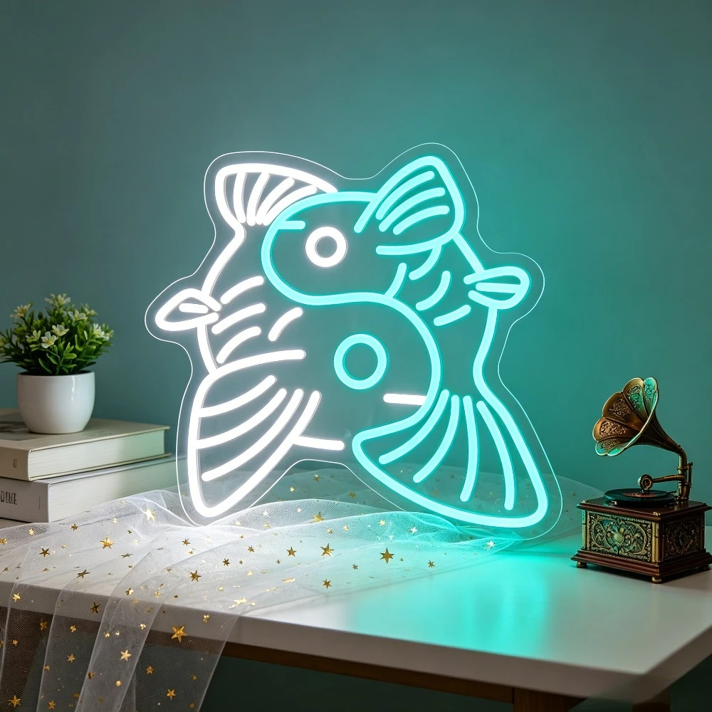 Yin Yang Fish LED Neon Sign Bedroom Decor Dimmable USB Wall Light for Chinese Restaurant Tea House Yoga Studio Zen Room Decor