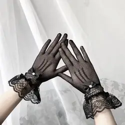 Women Black White Summer Uv-proof Driving Gloves Mesh Fishnet Gloves Lace Mittens Full Finger Girls Lace Fashion Gloves