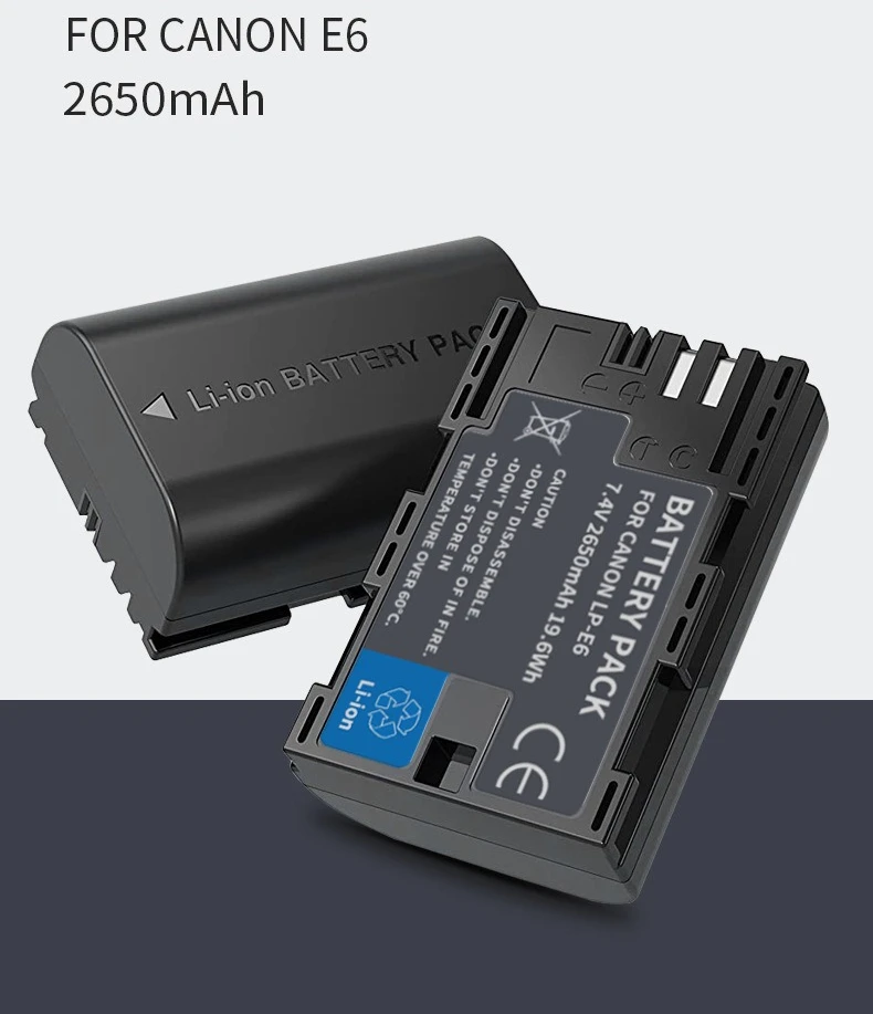Akumulator LP-E6 o bardzo dużej pojemności 2650mAh do Canon 5D Mark IV 6D II 7D 80D 90D, zamiennik LP-E6NH, kompatybilny z EOS R5 R6