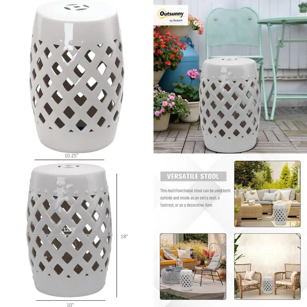 

Керамический садовый табурет 13x18 — тканый решетчатый дизайн, прочные глазурованные материалы, декоративные для улицы, белые, прочные для использования в патио