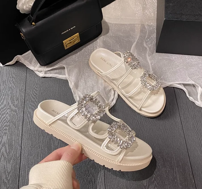 Plus Size43 Pu Leather Beach Sandals Mules Slip On Pearl Crystal Studded Slippers Women Flat Slides Caged Shoes Platform Sandals