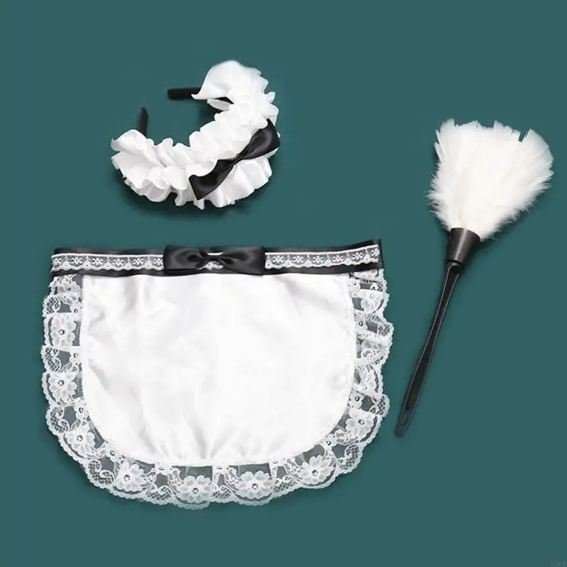 3 French Maid Costume Accessories with Apron Headband Duster Size Halloween Maid Cosplay Costumes