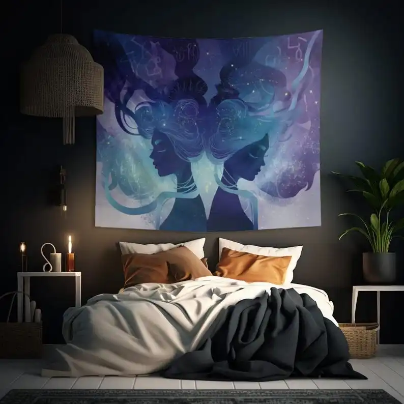 Mystical Twin Silhouette Tapestry Wall Art Boho Bedroom Decor Spiritual Cosmic Design Meditation Room Decoration