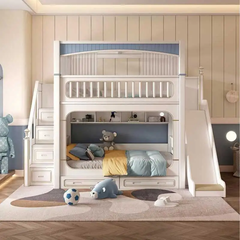 Modernes Haus Weiße Kinderzimm – Bunk Bed With Stairs And Slide Bewertung und Preis