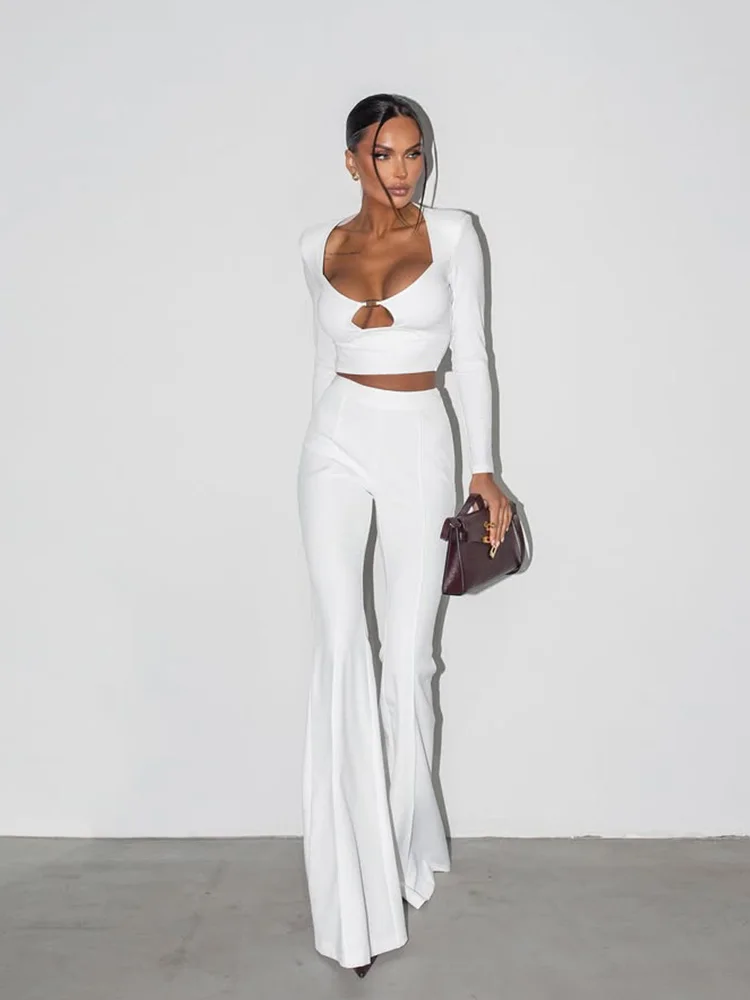 Solid Tractsuits 2 Pieces For Women Fashion Sexy Streetwear Long Sleeves Square Neck (Tops+Pants) Hollow Out Skinny Female Sets