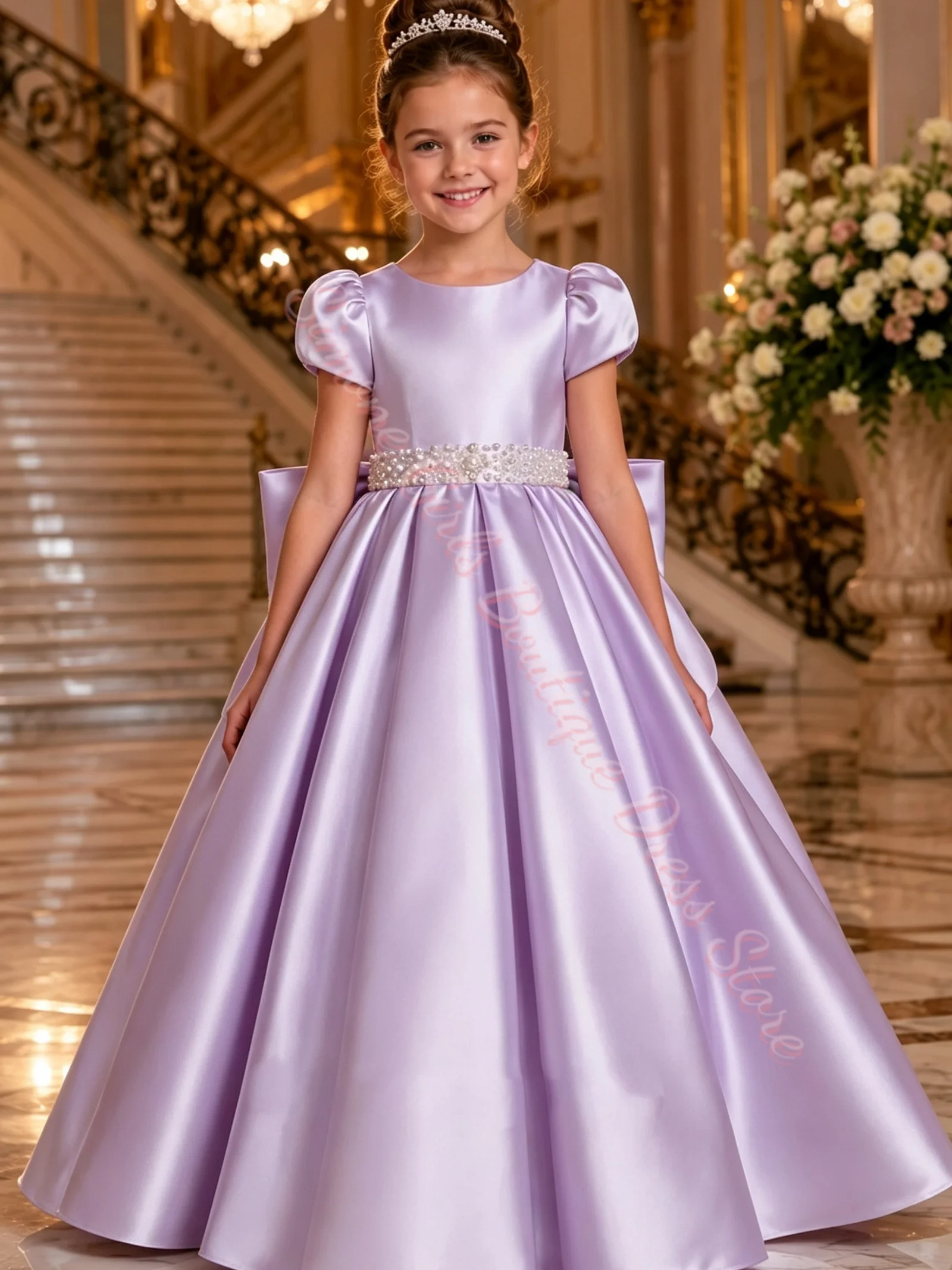 Großhandel Blumenmädchenkleid für Hochzeit, Satin, Perlenbesetzte Kurze Ärmel mit Schleife, Prinzessinnenkleid für Geburtstagsfeier, Erstkommunion, Maßanfertigung – Detail 3
