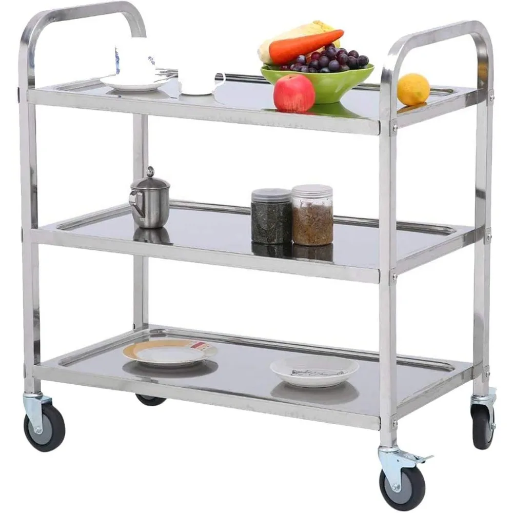 

3 Shelf Stainless Steel Cart Heavy Duty cart with 360°Rotation Wheels Kitchen Island Stainless Steel Storage Trolley