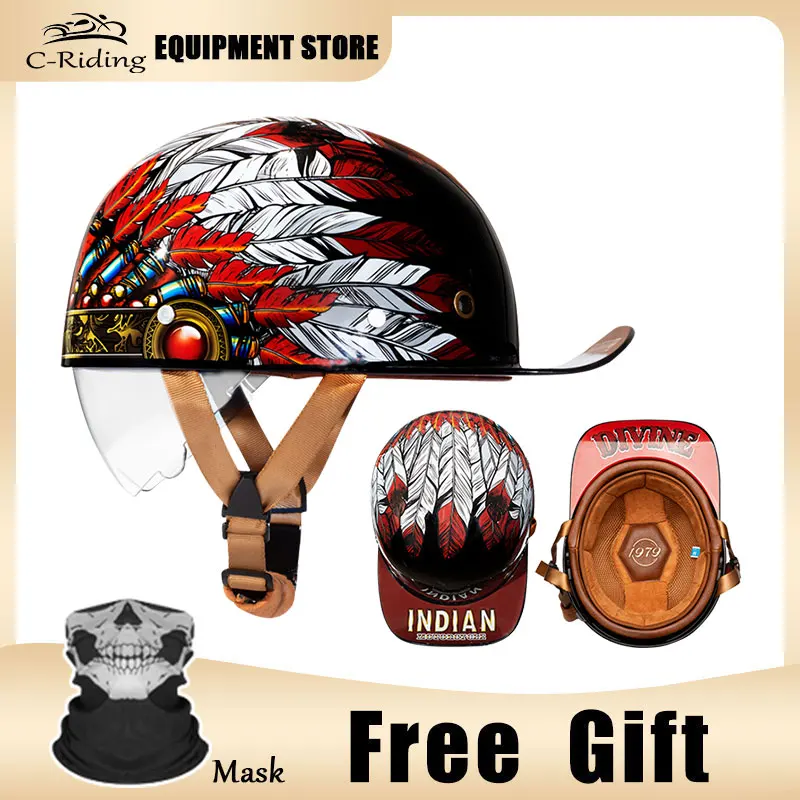 2025 Personality Red Feather Motorcycle Helmets For Adult Motorbike Helmet Half Face Helmet Baseball Cap Casco Moto