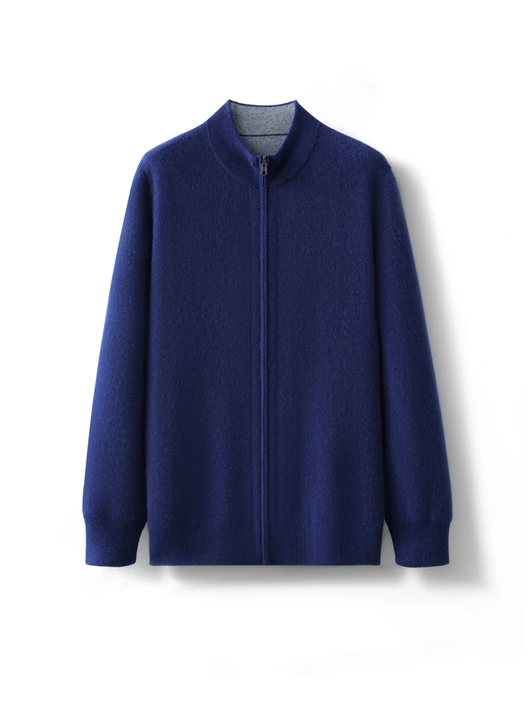 

100% Wool Men's Mock Neck Sweater Zippers Cardigan Autumn Winter Thick Long Sleeve Cashmere Knitwear Smart Casual Clothing Tops