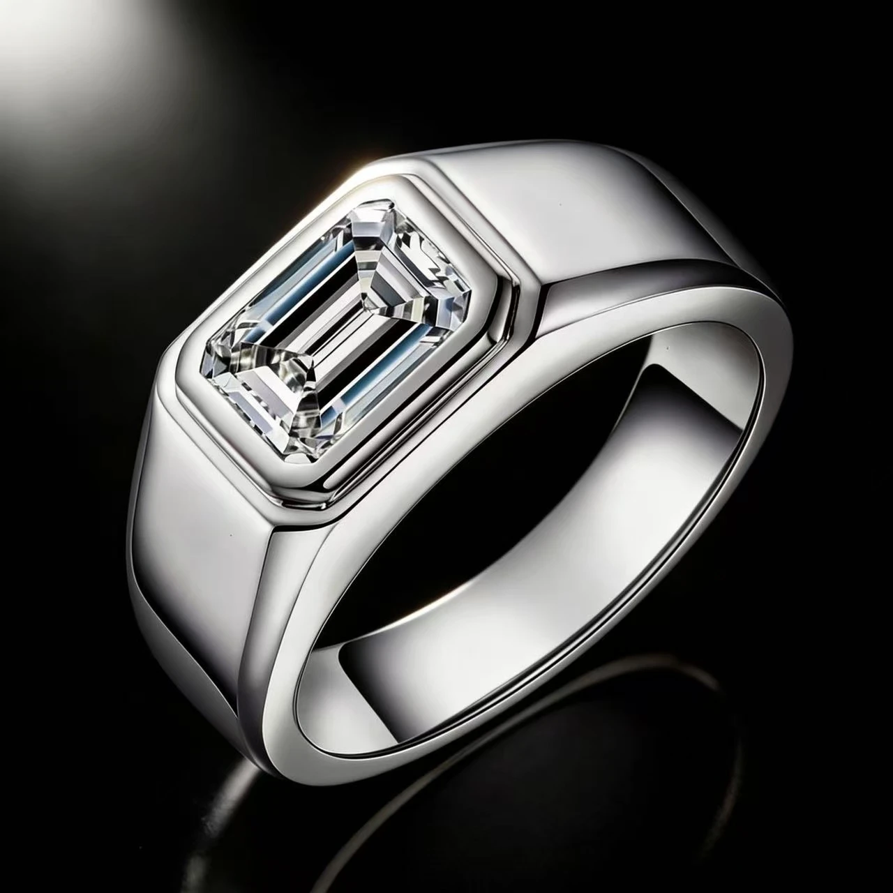 

925 Sterling Silver 2 Carat East West Emerald Cut Bezel Setting Moissanite Ring Men's Luxury Signet Wedding Ring