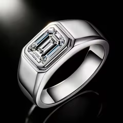 925 Sterling Silver 2 Carat East West Emerald Cut Bezel Setting Moissanite Ring Men's Luxury Signet Wedding Ring