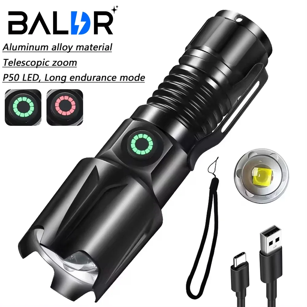 BALDR XHP50 New Ultra Bright LED Flashlight Rechargeable Mini Tactical Torch with 5 Lighting Modes Lanterns for Camping Fishing