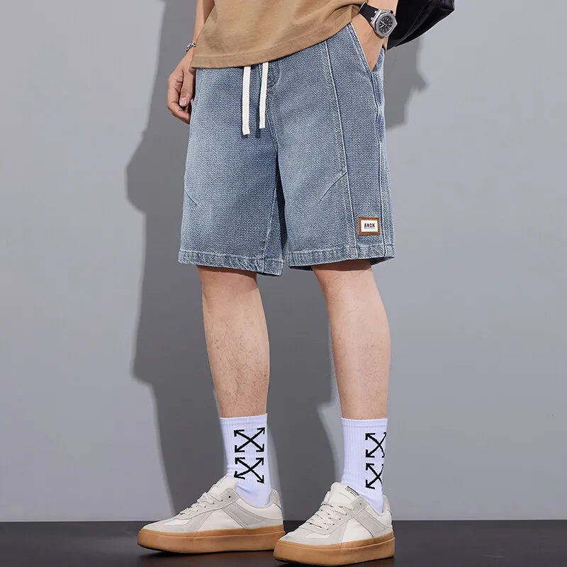 

New Men's Cotton Casual Denim Shorts 2025 Spring Autumn Streetwear Blue Knee-Length Jeans Classic Loose Drawstring Trouser Pants