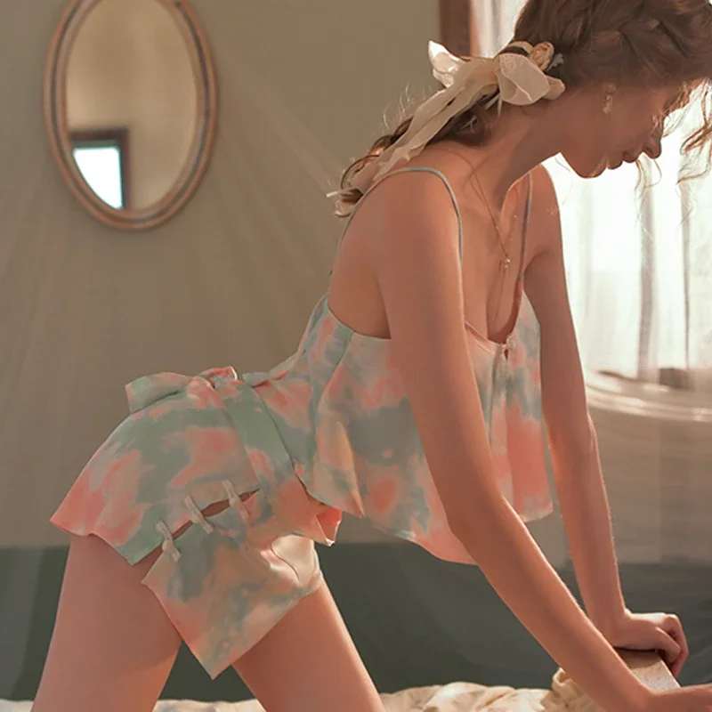 

Топы и шорты из ледяного шелка, комплект из 2 предметов, сексуальные женские пижамные комплекты с распашным воротником, домашняя одежда, кружевная одежда для сна, пижама без рукавов с бантом, домашняя одежда