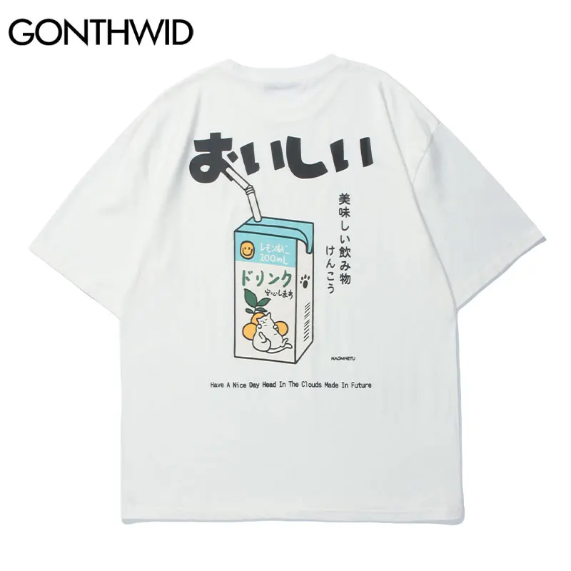 Hip Hop Tshirt 2023 Men Japanese Kanji Letter Drink Print Embroidery T Shirt Streetwear Harajuku Summer Short Sleeve T-Shirt