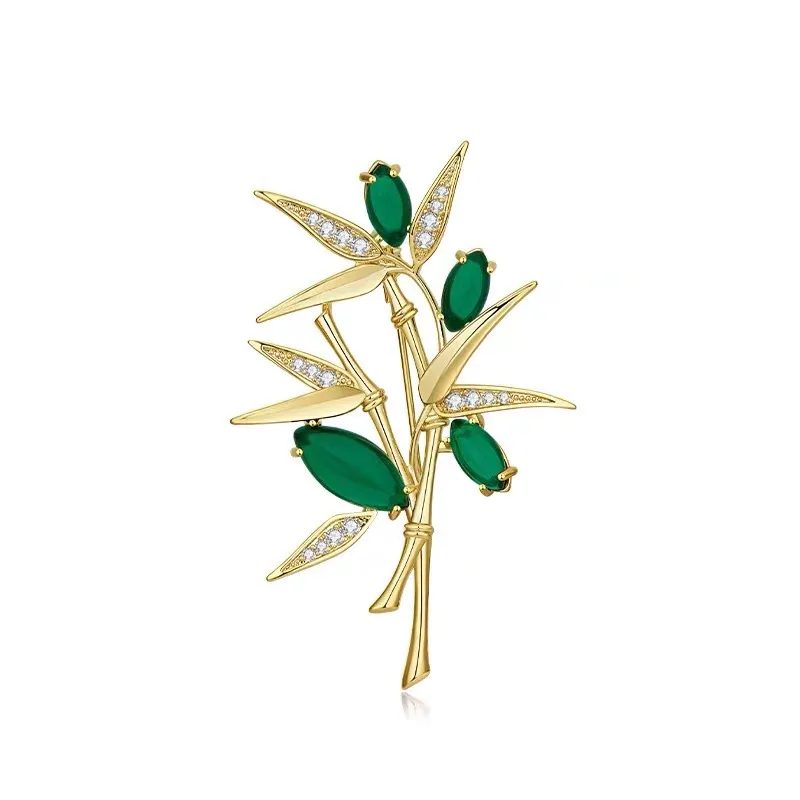 Design Green Crystal Bamboo Leaf Brooches Pins Women Unisex Top Quality Shining Plant Party Office Brooch Pins Gifts