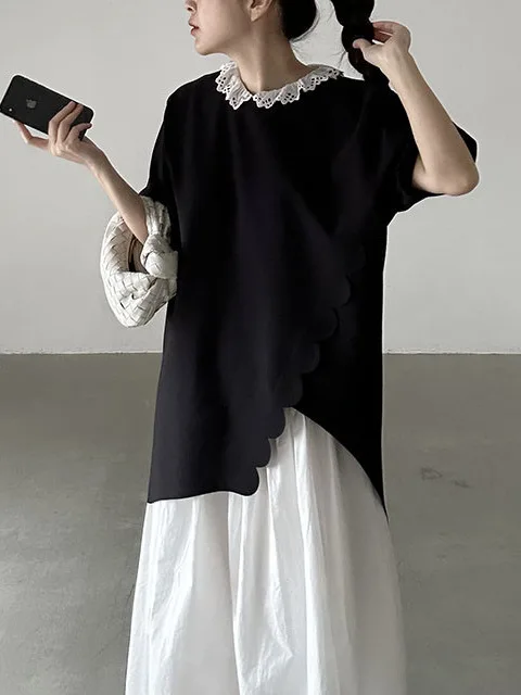 Fashionable Summer Wave Pattern Loose Women's T-shirt Chic Korean Style round Neck Short Sleeve Top Elegant Atmosphere
