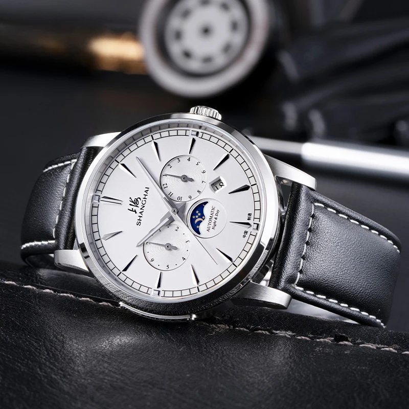 شنغهاي الفاخرة الرجال التلقائي ساعة ميكانيكية القمر المرحلة الأعمال موضة ساعة رجالي التقويم 41 مللي متر الياقوت مقاوم للماء 6025