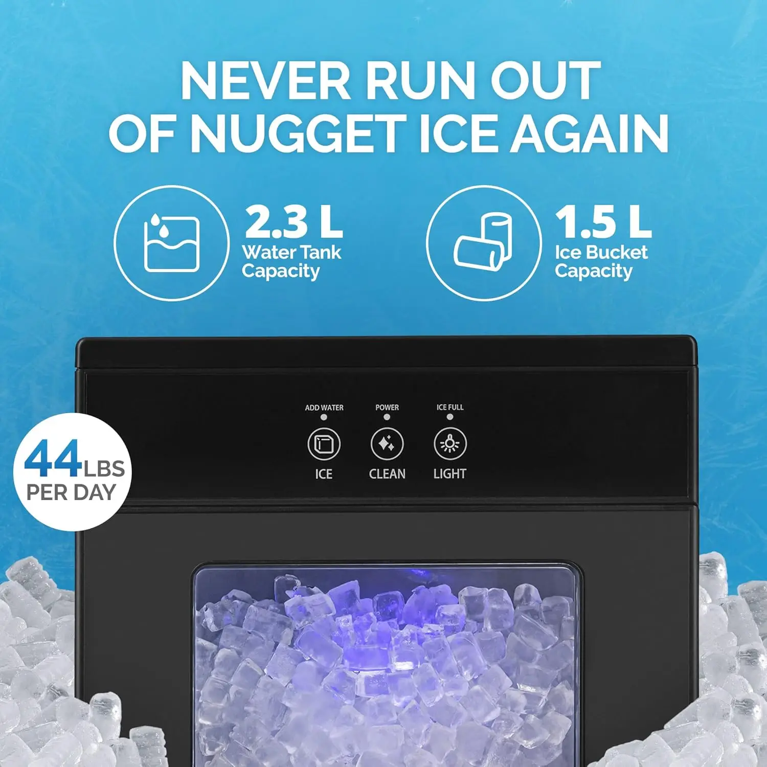 Nugget Ice Maker Countertop - 44lbs/Day Countertop Sonic Ice Machine Self-Cleaning & Refillable Water Tank Ideal for Home Office