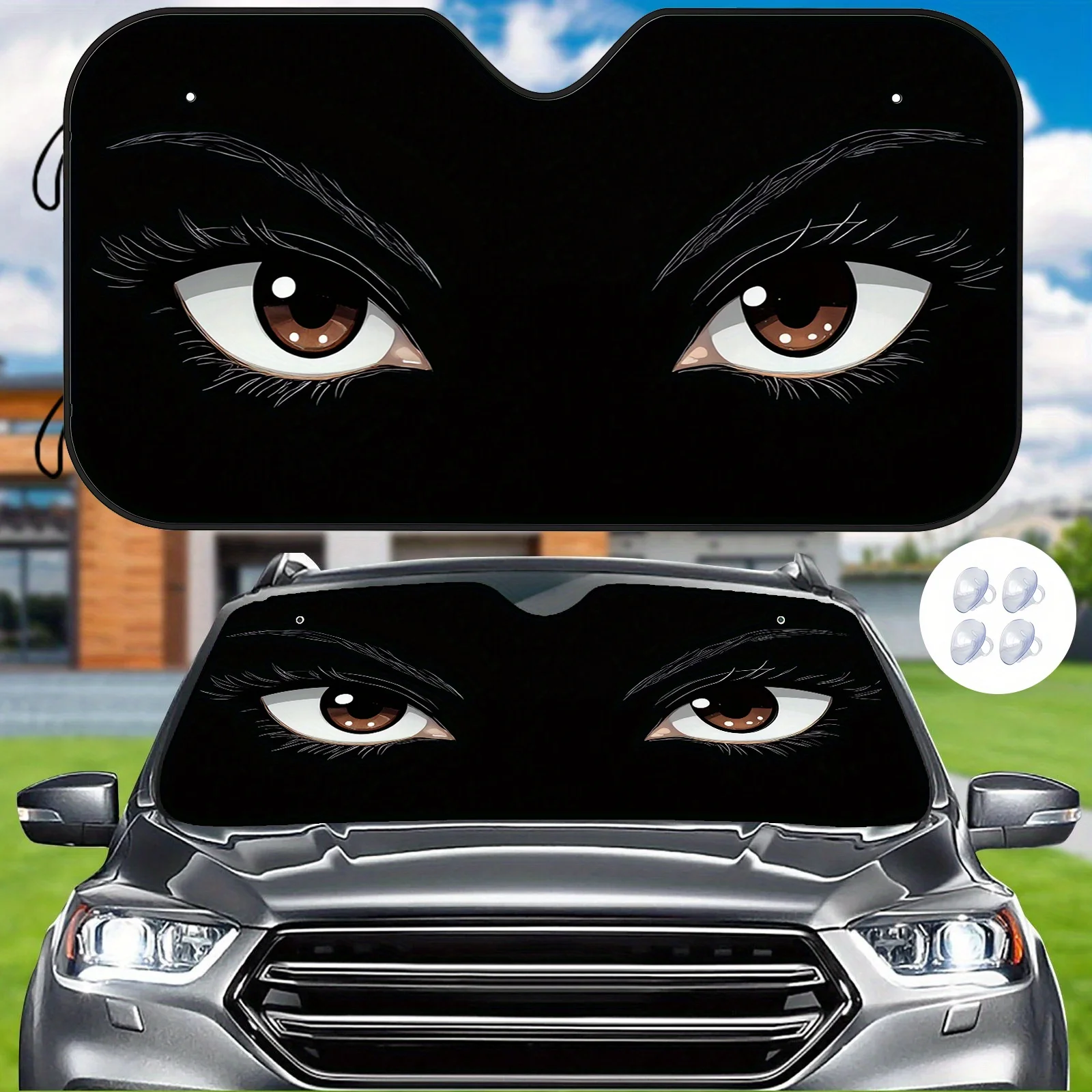 Dark Brown Cute Eyes Car Sunshade, Superior Heat Insulation, With 4 Free Suction Cups To Stabilize The Interior Temperature