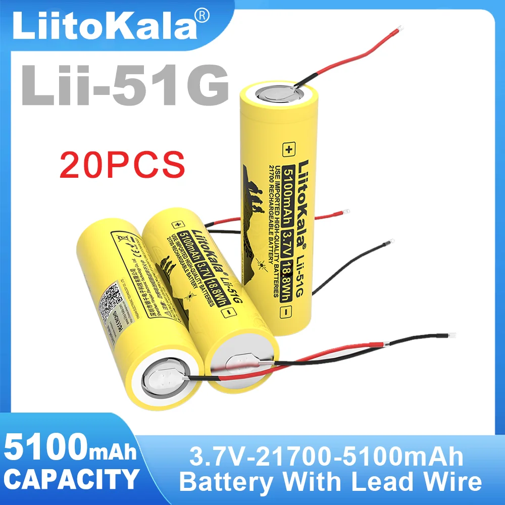 20PCS Liitokala Lii-51G DIY Wire 3.7V 5100mAh 21700 For Flashinglight High-capacity 100% Original Lithium Battery