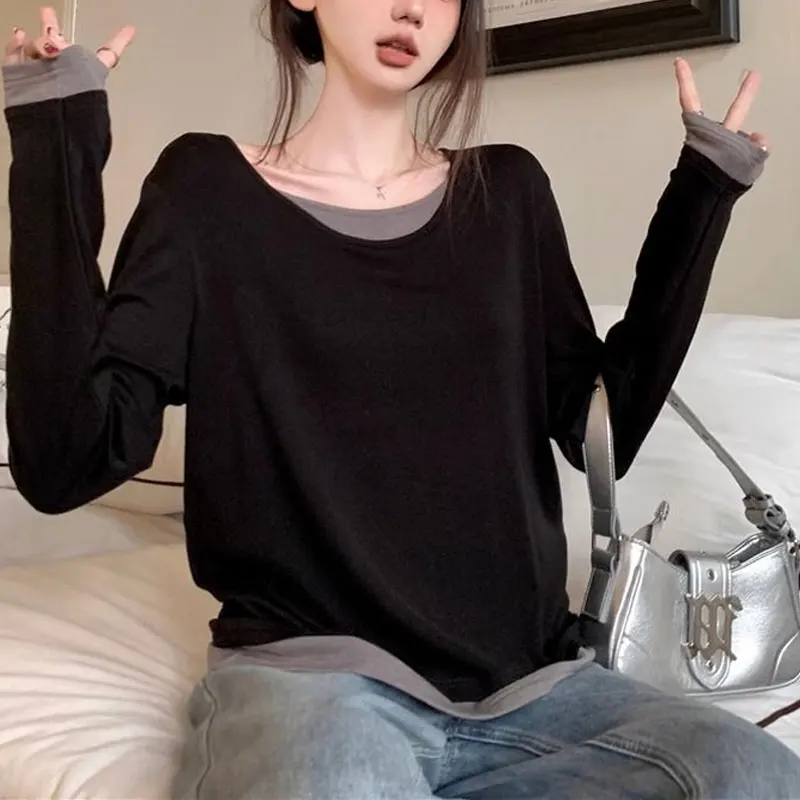 Contrasting Colors Casual Pullovers Spring Autumn Fake Two Pieces Female Clothing Fashion Patchwork Loose O-Neck Basic T-shirt