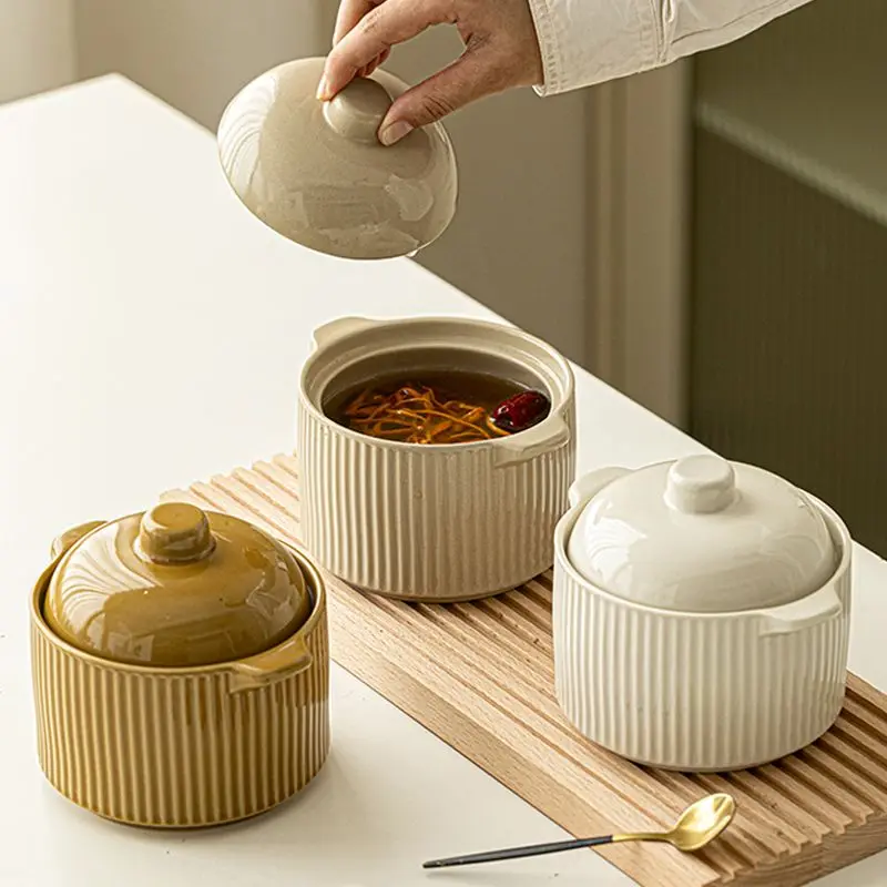 

Ceramic Covered Small Stew Pot, Household Clay Pot Flavor Stew Pots, Exquisite One Person Dessert Soup Cup Steaming Egg Bowl