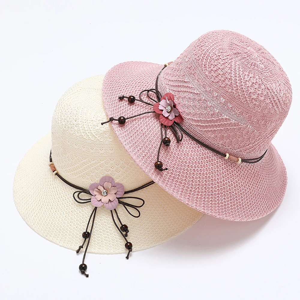 2024 Summer Women Bow Flowers Straw Hat Outdoor Sun Sunscreen Collapsible Beach Hat